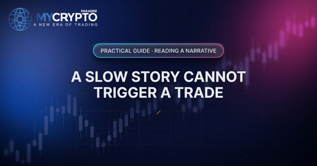 A slow story cannot trigger a trade · Reading a narrative · MyCryptoParadise. Education only, not financial advice.
