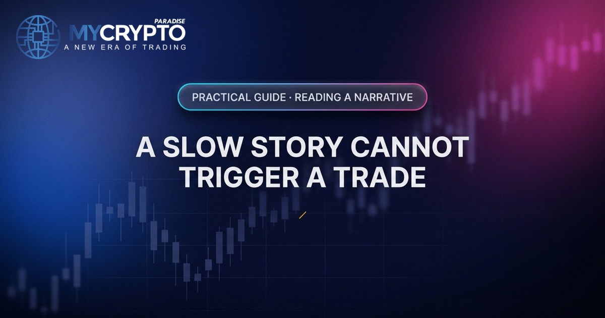 A slow story cannot trigger a trade · Reading a narrative · MyCryptoParadise. Education only, not financial advice.