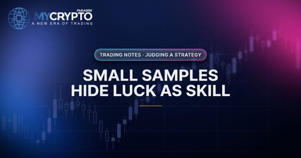 Small samples hide luck as skill · Judging a strategy · MyCryptoParadise. Education only, not financial advice.