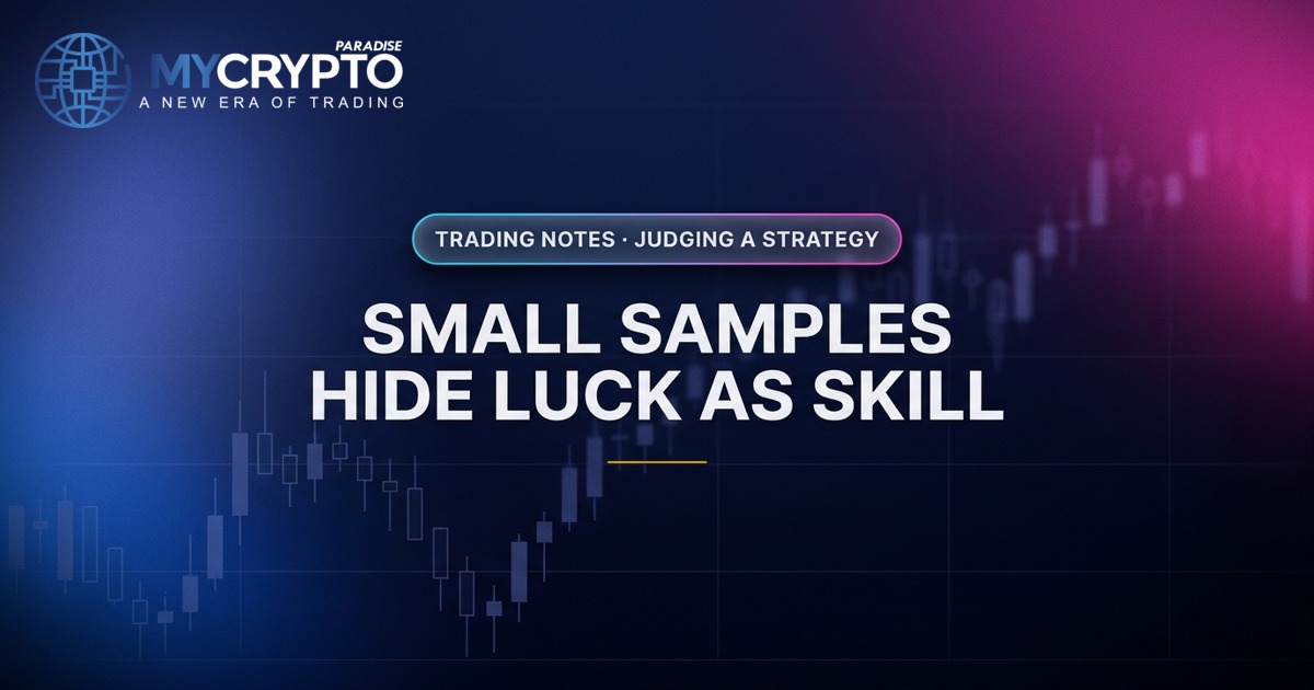 Small samples hide luck as skill · Judging a strategy · MyCryptoParadise. Education only, not financial advice.