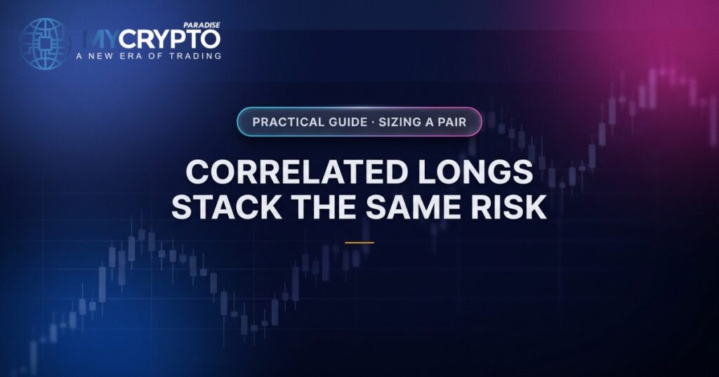 Correlated longs stack the same risk · Sizing a pair · MyCryptoParadise. Education only, not financial advice.