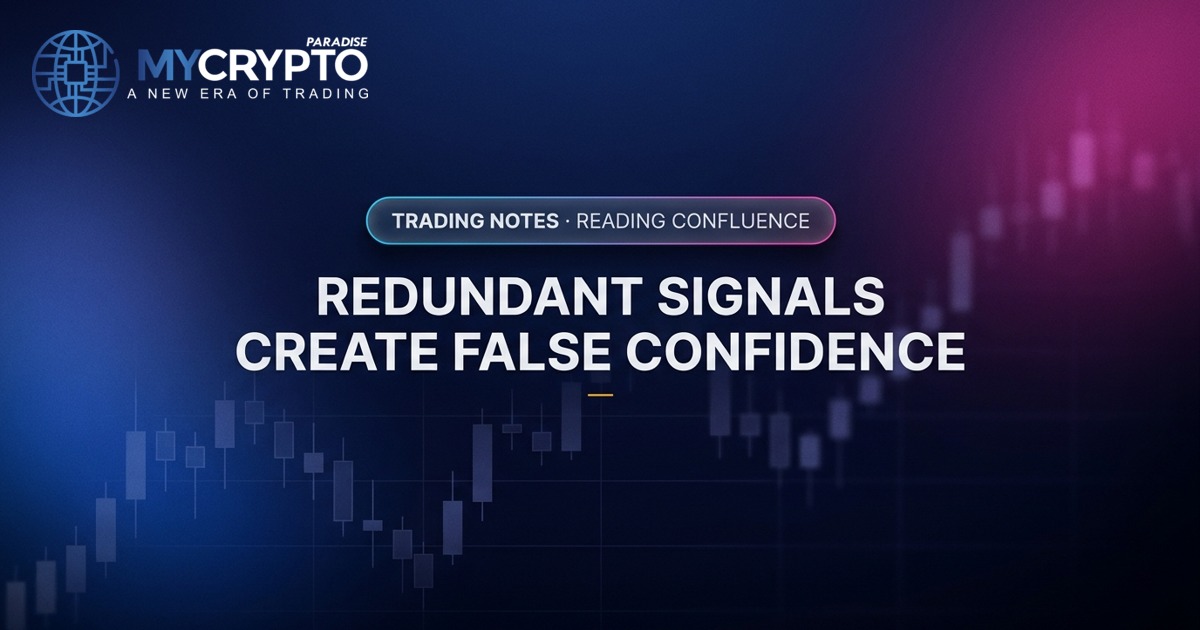 Redundant signals create false confidence · Reading confluence · MyCryptoParadise. Education only, not financial advice.