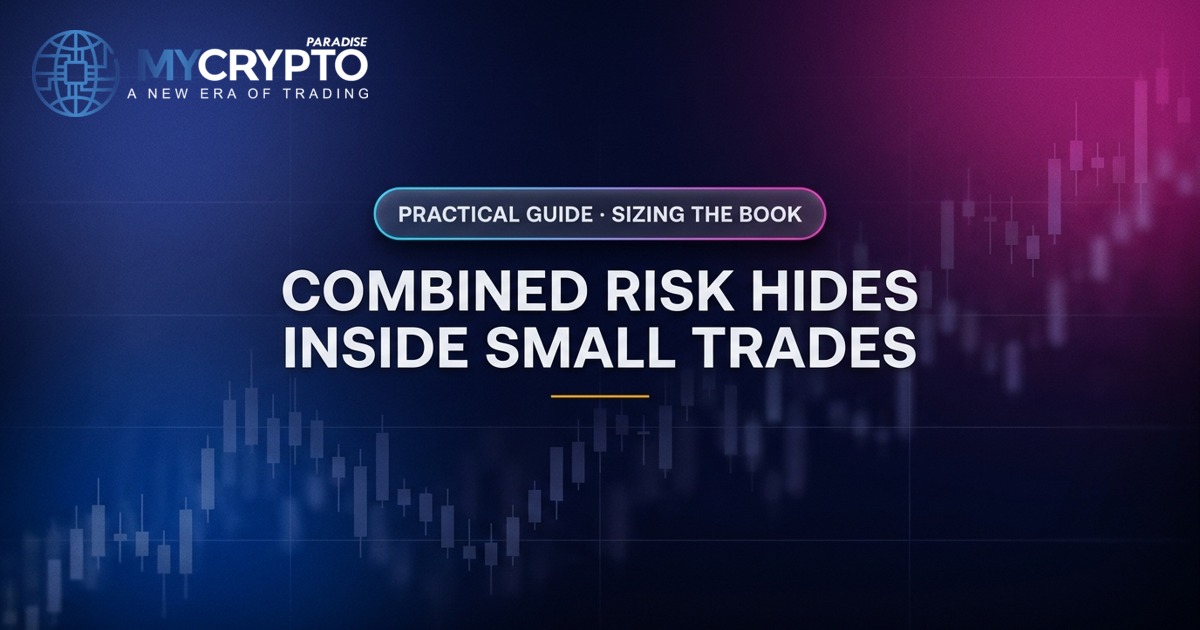 Combined risk hides inside small trades · Sizing the book · MyCryptoParadise. Education only, not financial advice.