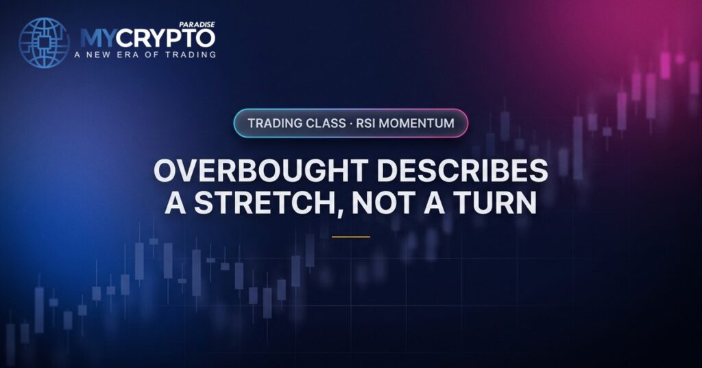 Overbought describes a stretch, not a turn · RSI momentum · MyCryptoParadise. Education only, not financial advice.