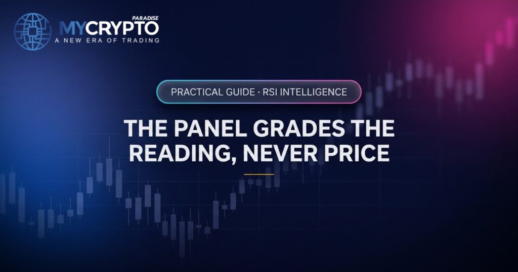 The panel grades the reading, never price · RSI Intelligence · MyCryptoParadise. Education only, not financial advice.