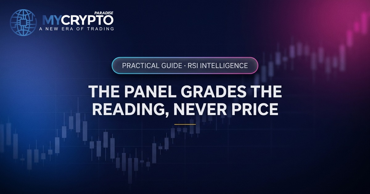 The panel grades the reading, never price · RSI Intelligence · MyCryptoParadise. Education only, not financial advice.