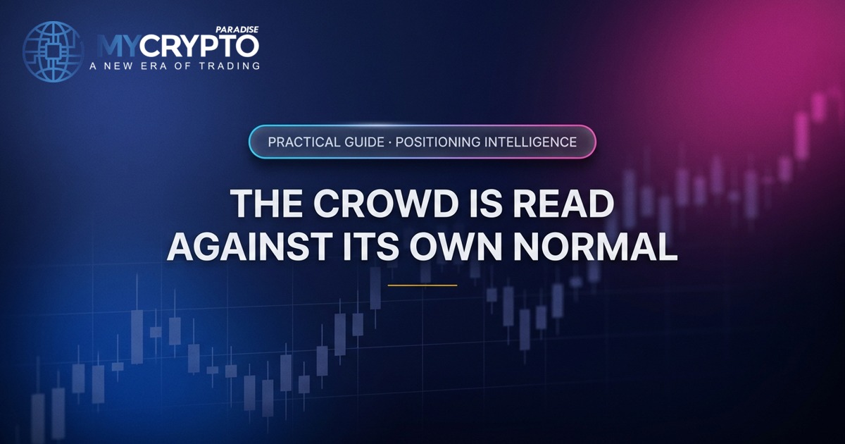The crowd is read against its own normal · Positioning Intelligence · MyCryptoParadise. Education only, not financial advice.