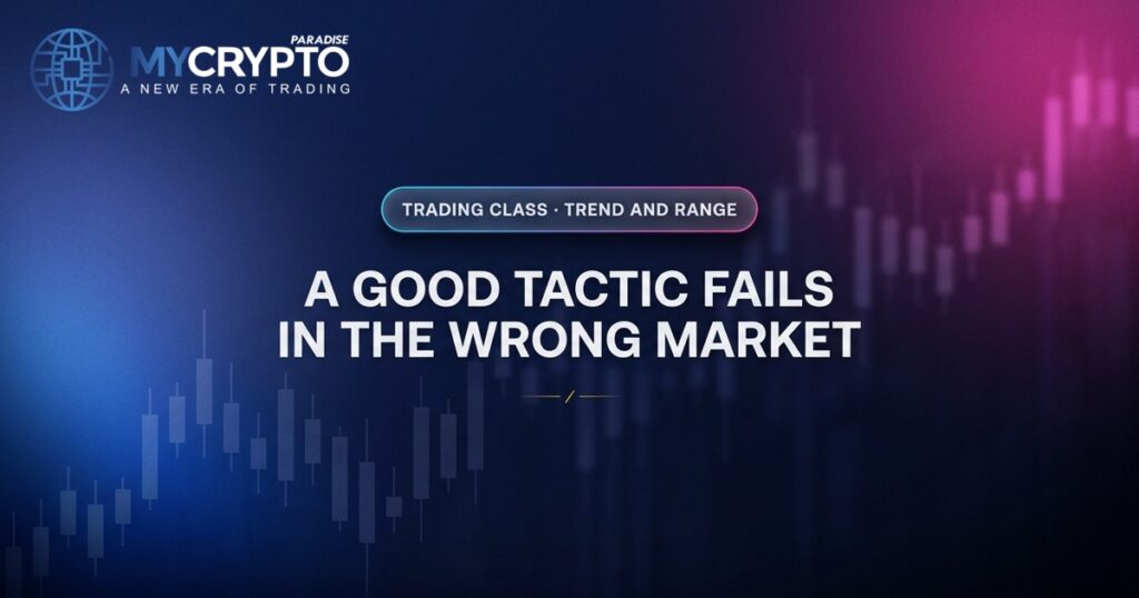 A good tactic fails in the wrong market · Trend and range · MyCryptoParadise. Education only, not financial advice.