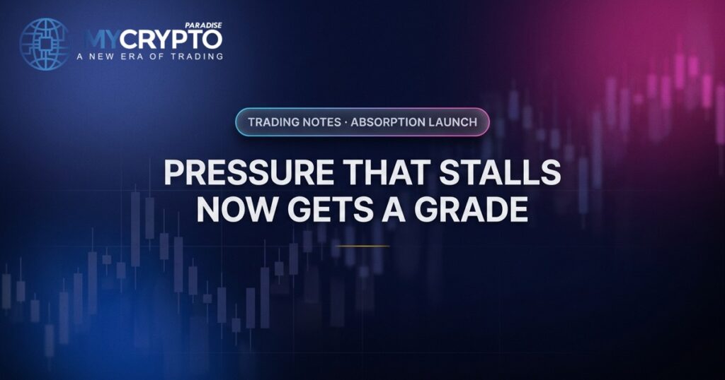 Pressure that stalls now gets a grade · Absorption launch · MyCryptoParadise. Education only, not financial advice.