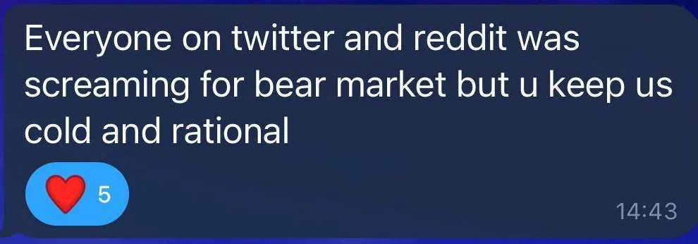 Screenshot of a member’s message, 12 January 2022: Everyone on twitter and reddit was screaming for bear market but u keep us cold and rational
