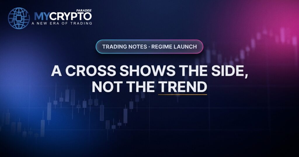 A cross shows the side, not the trend · Regime launch · MyCryptoParadise. Education only, not financial advice.
