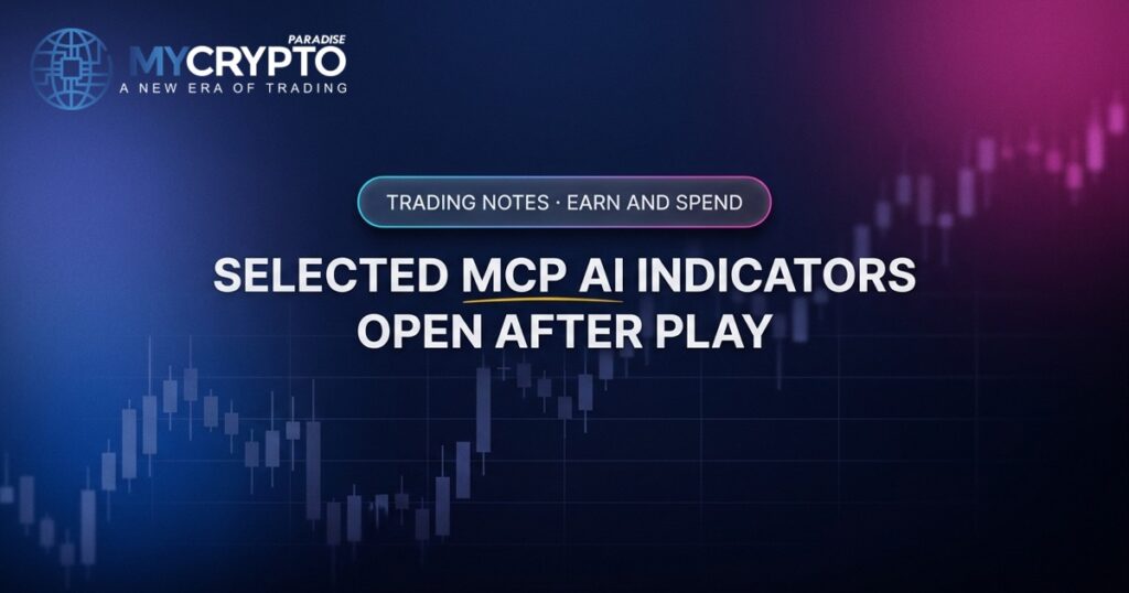 Selected MCP AI Indicators open after play · Earn and spend · MyCryptoParadise. Education only, not financial advice.