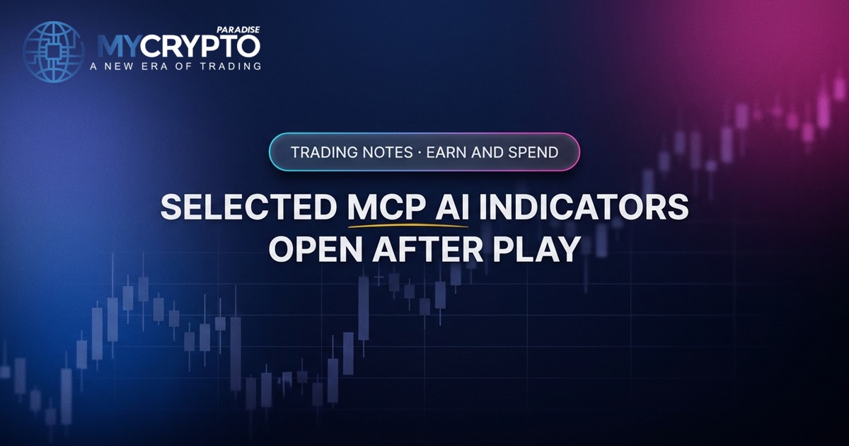 Selected MCP AI Indicators open after play · Earn and spend · MyCryptoParadise. Education only, not financial advice.