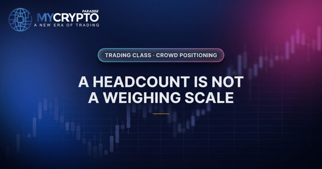 A headcount is not a weighing scale · Crowd positioning · MyCryptoParadise. Education only, not financial advice.
