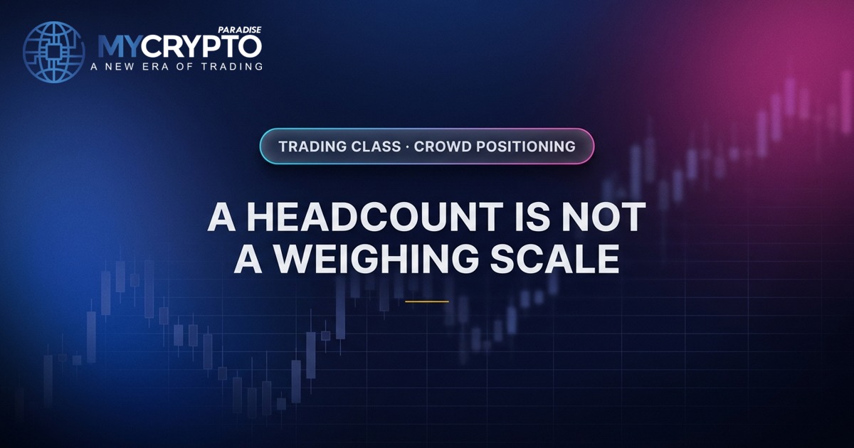 A headcount is not a weighing scale · Crowd positioning · MyCryptoParadise. Education only, not financial advice.